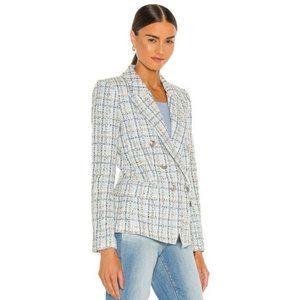 NWT L’Agence Kenzie Double Breasted Plaid Blazer in Light Blue Tweed